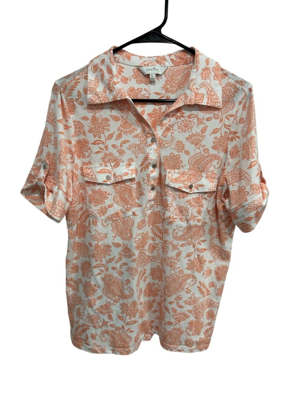 Coral Bay Orange White Floral Print Button-Up Shirt Size Large Casual Coastal
